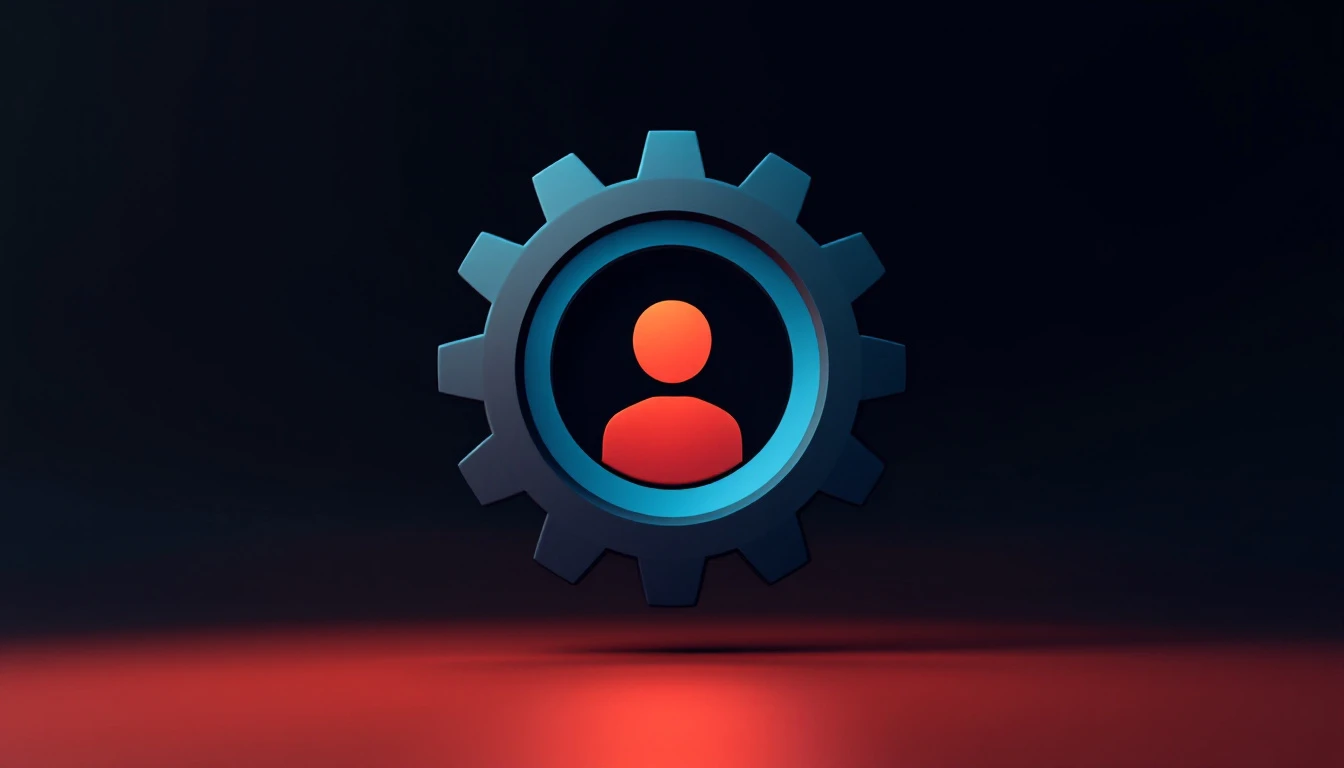 A matte gear meshing with a profile card, in brand colours