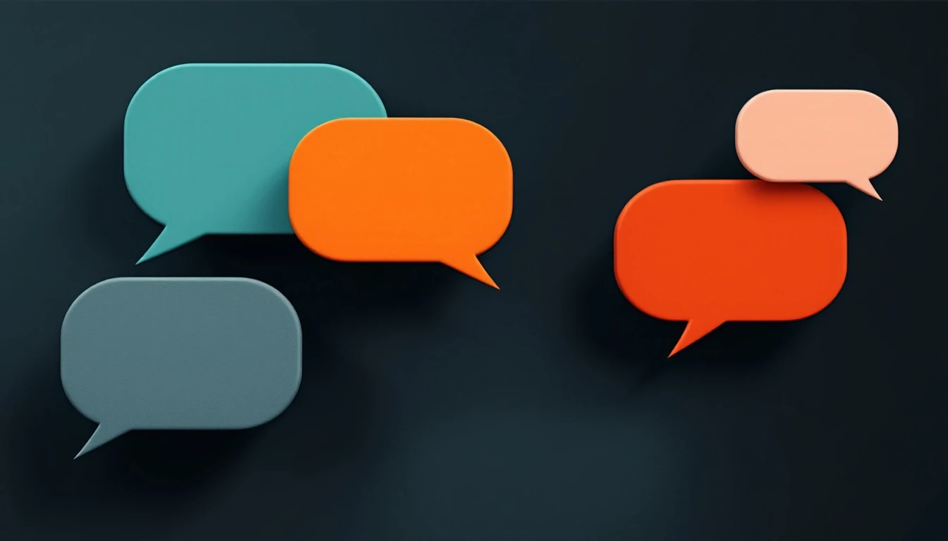 Matte rounded chat bubbles connected by a thin line, in brand colours